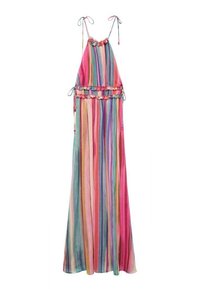 Multicolored Maxikleid mit vertikalen Streifen in Pink, Blau, Grün und Orange. Hat verstellbare Spaghetti-Träger und ein gerafftes Taillenband.