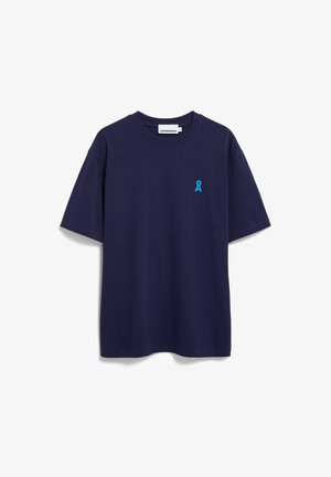 Navyblauw T-shirt met korte mouwen en een ronde hals, met een klein blauw lintlogo op de linkerborst. Gemaakt van zachte, ademende stof.