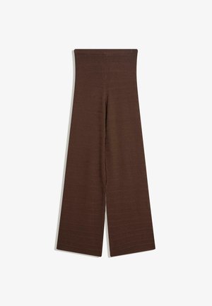 Rjave pletene hlače širokega kroja z teksturiranim rebrastim vzorcem in visokim pasom, ki zagotavljajo udobno prileganje.