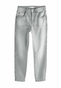 Jeans de mezclilla gris de corte slim, con diseño de cinco bolsillos, cremallera y detalles de costura visibles.