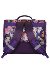 Sac à dos violet avec un devant coloré présentant des illustrations de personnages. Bretelles réglables et poignée supérieure pour le transport. Tissu texturé.