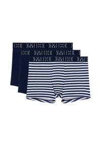 Tre par kalsonger: två enfärgade i marinblått och ett randigt i marinblått och vitt. Varje par har en marinblå elastisk midjeband med logotyp.