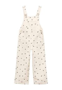 Cremfarbene Latzhose mit lockerem, weitem Bein-Design, verziert mit einem floralen Muster in Dunkelblau. Hergestellt aus leichtem Stoff mit verstellbaren Trägern.