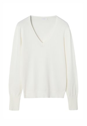 Balts V veida kakla džemperis no maigas, vieglas auduma. Tam ir gari, viegli pūderaini piedurknes un brīvs siluets. Nav redzamu rakstu vai rotājumu.