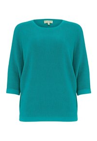 Zielona prążkowana bluzka z okrągłym dekoltem, rękawami do łokcia i luźnym krojem. Gładka faktura i subtelny, poziomy wzór.