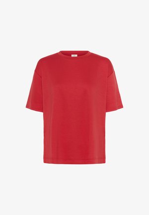Tricou roșu cu mânecă scurtă, confecționat dintr-un material moale și neted. Are un decolteu rotund și o croială lejeră, de tip boxy, fără modele sau embellishments vizibile.