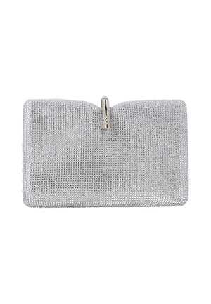 Rektangulær sølv clutch taske dækket af små rhinsten med en metalklips øverst.