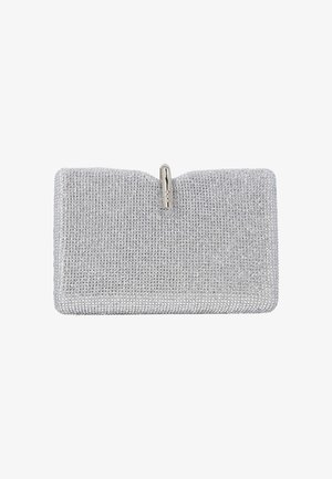Rechthoekige zilveren clutch-tas bedekt met kleine strassteentjes en een metalen sluiting bovenop.