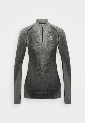 T-shirt de sport à manches longues noir et gris avec un col zippé, en tissu textur�é, au design ajusté, et avec un logo sur la poitrine gauche.