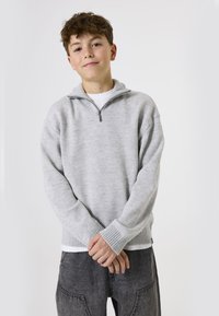 Grijze zip-up trui met een geribde zoom en manchetten, featuring een hoge kraag en een zachte textuur. Draagt over een witte t-shirt en gecombineerd met grijze broek.