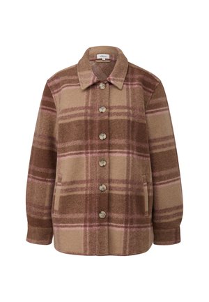 Bruin-beige geruite jas van zachte stof, met een kraag, knopen aan de voorkant, en zijzakken, met roze accenten.