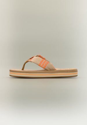 Υφασμάτινα σαγιονάρες με ρίγες σε μπεζ και πορτοκαλί χρώμα, με μαλακή σόλα και τριπλή στρωμένη τακούνι σε μπεζ, λευκές και πορτοκαλί ρίγες.