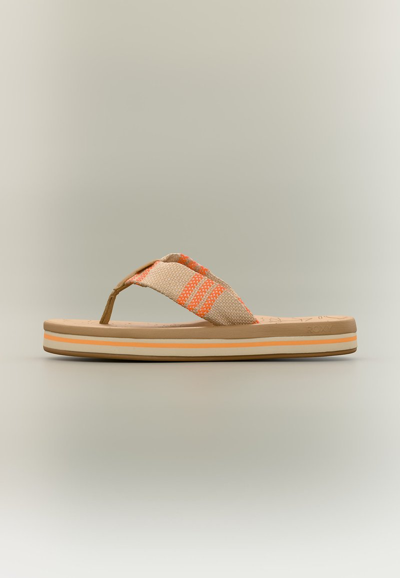 Tongs en tissu rayé beige et orange avec semelle rembourrée et plateforme triple couche rayée beige, blanche et orange.