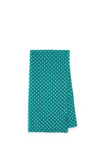 Turkusowy szalik z miękkiego materiału, w biało-czarne kropki. Kwadratowy kształt z starannie wykończonymi brzegami. Mała metka z logo w jednym z rogów.