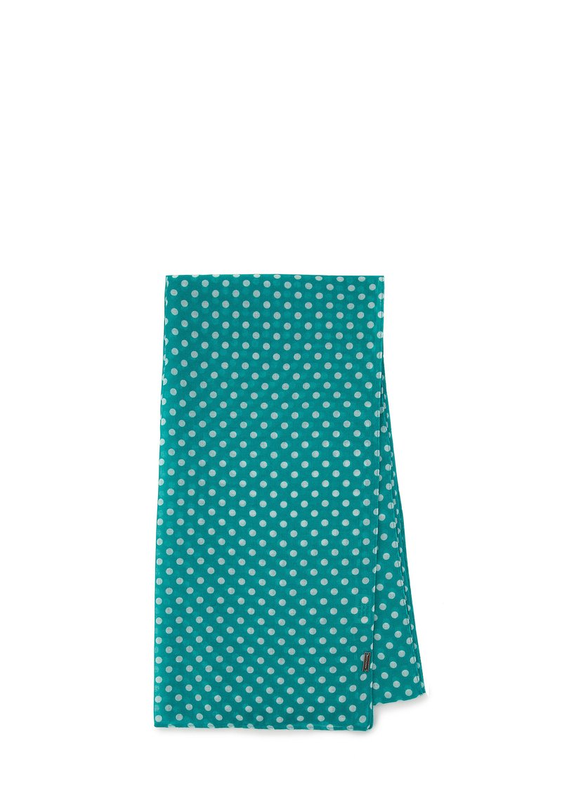 Turkusowy szalik z miękkiego materiału, w biało-czarne kropki. Kwadratowy kształt z starannie wykończonymi brzegami. Mała metka z logo w jednym z rogów.