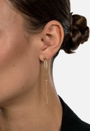 Gold earrings featuring a round ball and elongated chain links, with a fine chain hanging below. Simple design with smooth texture.