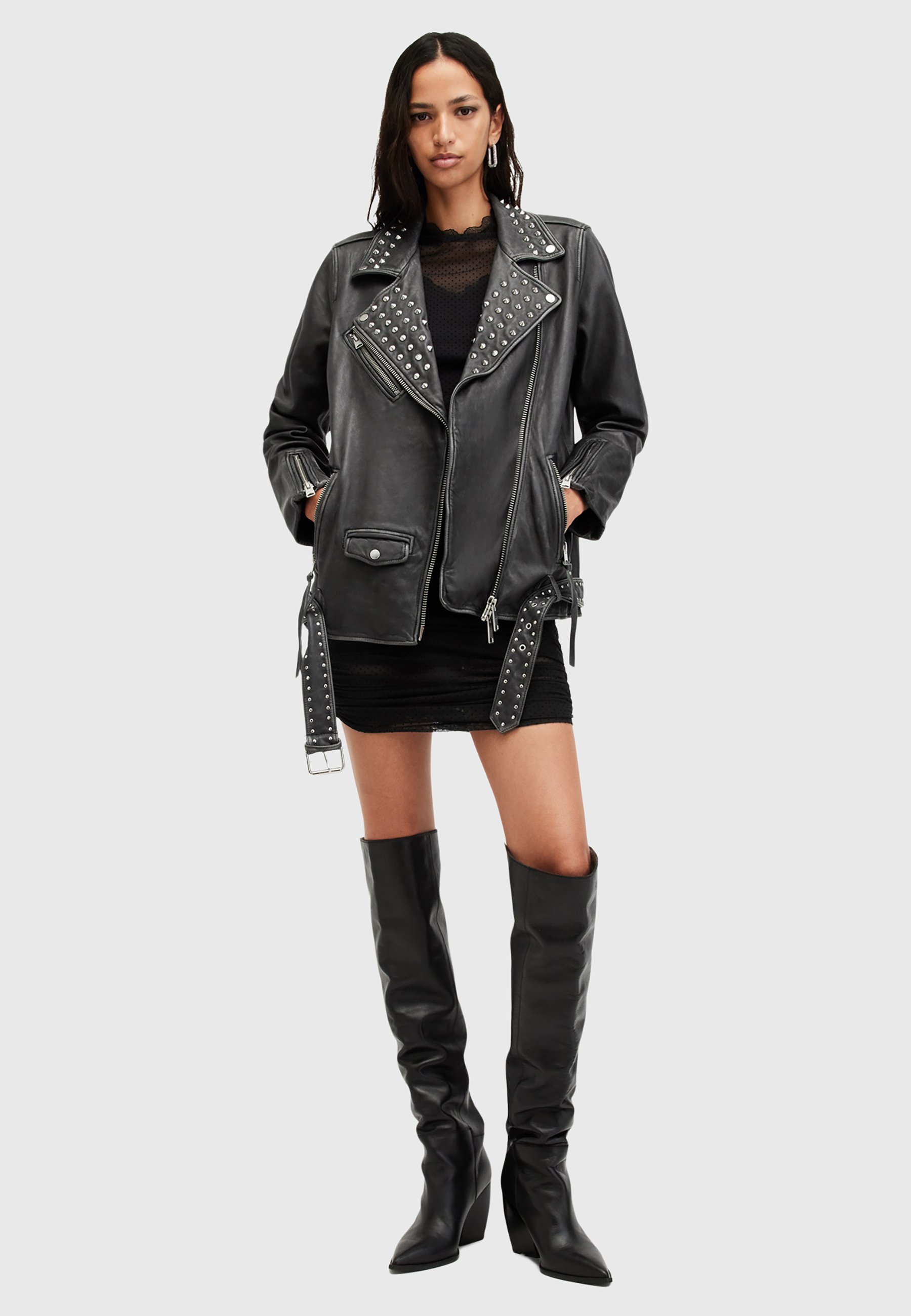 AllSaints Leather jacket - black grey/anthracite - Zalando