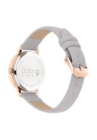 Uhr mit gehäuse aus Roségold, grauem Lederarmband, Edelstahlboden und einer wasserdichtigkeit von 3 ATM. Sie verfügt über einen Klappverschluss.