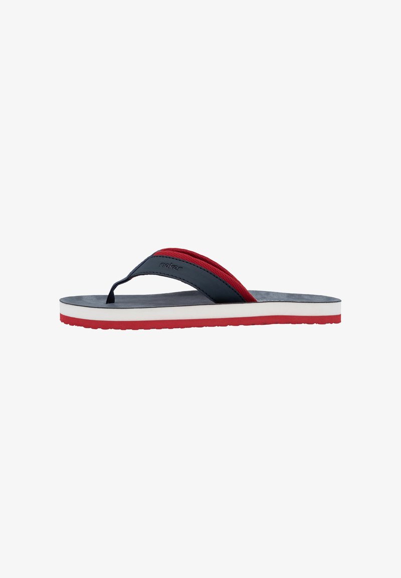 Marineblå flip-flop med rød stoffrem, grå fodseng og hvid ydersål. Tekstureret sål for godt greb og komfort. Minimalistisk design og letvægts.