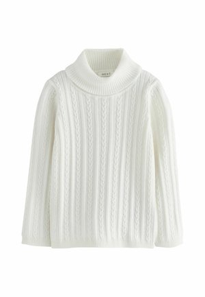 Weißer Kabelstrick-Rollkragenpullover mit langen Ärmeln und gerippten Bündchen und Saum, dargestellt auf weißem Hintergrund.
