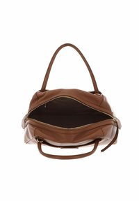 Sac à main en cuir marron avec un intérieur spacieux et une ouverture zippée. Dispose de deux poignées et d'une texture lisse. Aucun poche extérieure visible.