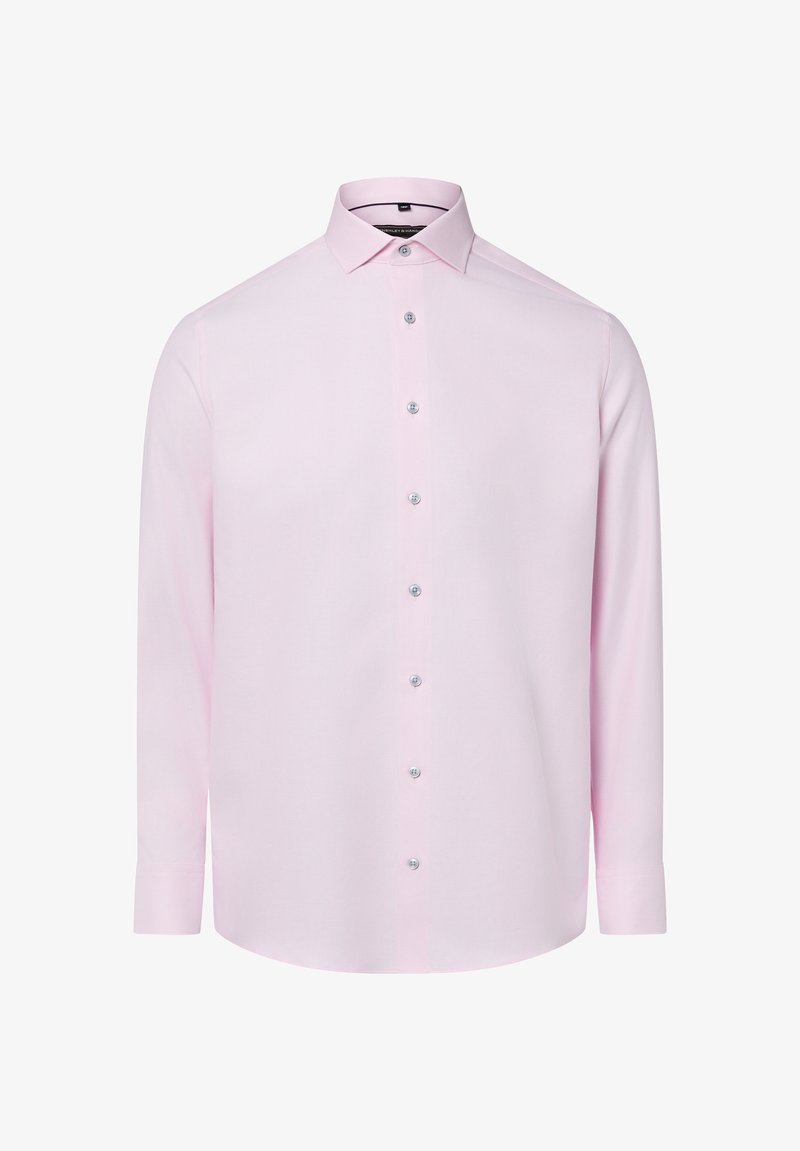 Camicia rosa a maniche lunghe con colletto classico, caratterizzata da una chiusura frontale con bottoni e dettagli lucidi, realizzata in un tessuto liscio.