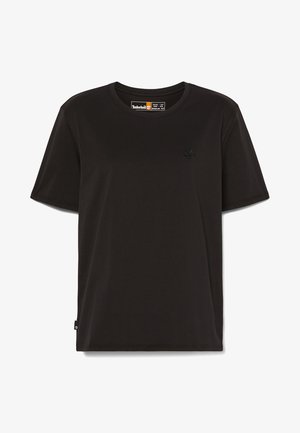 Schwarzes Baumwoll-T-Shirt mit Rundhalsausschnitt, kurzen Ärmeln und kleinem, gesticktem Logo auf der Brust. Glatte Textur, reguläre Passform.