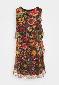 Robe florale avec une base noire, arborant un motif de diverses fleurs colorées. Matériau léger et transparent avec un design à superpositions. Encolure ronde.