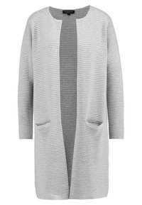 Šedý kardigan s otevřeným předním dílem s žebrovanou texturou, dlouhými rukávy a dvěma předními kapsami. Ležérní design vhodný pro vrstvení.