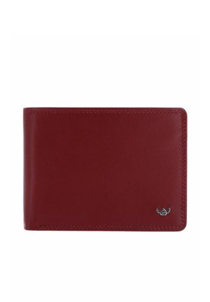 Portefeuille bifold en cuir rouge foncé avec couture soignée et petit emblème logo argenté dans le coin inférieur droit sur fond blanc.