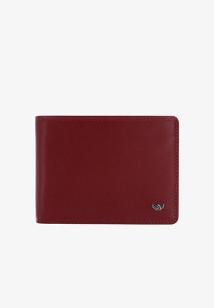 Portafoglio bifold in pelle rosso scuro con cuciture ordinate e piccolo emblema logo d’argento nell’angolo in basso a destra su sfondo bianco.
