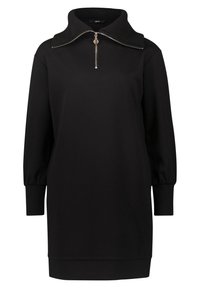 Robe sweat-shirt noire avec col zippé, manches longues et accents côtelés. Tissu doux avec une coupe décontractée, ourlet à hauteur des genoux.