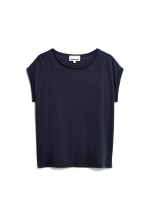 Navyblaues T-Shirt mit kurzen Ärmeln, aus weichem Stoff, mit Rundhalsausschnitt und lockerer Passform. Nahtloses Design ohne auffällige Akzente.