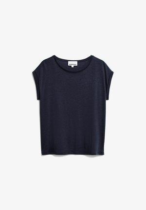 Navyblaues T-Shirt mit kurzen Ärmeln, aus weichem Stoff, mit Rundhalsausschnitt und lockerer Passform. Nahtloses Design ohne auffällige Akzente.