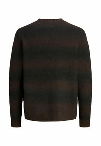 Maglione a maniche lunghe a righe marrone scuro e nero con polsini, orlo e scollo rotondo a coste, visto da dietro.