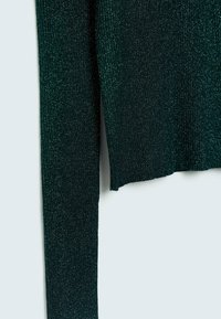 Donkergroen geribde trui met sprankelende metallic draden. Heeft lange mouwen en een cropped zoom. Zachte textuur die de algehele glans benadrukt.