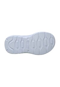 Hvid gummisåle til sneakers med teksturerede mønstre, riller og det præget logo "Skechers" for trækkraft og støtte.