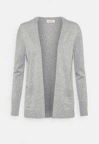Cárdigan gris con parte delantera abierta, mangas largas, puños acanalados y dos bolsillos frontales. Fabricado con un material de punto suave y con una textura lisa.