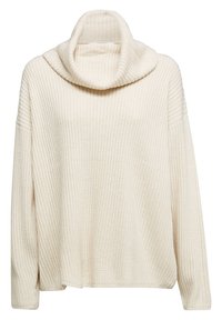 Pull côtelé épais couleur crème avec un large col roulé plié et des manches longues.