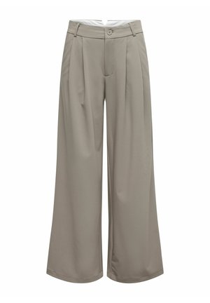Pantalon beige taille haute à jambes larges, avec plis sur le devant, passants pour ceinture, fermeture par bouton, et une finition soignée et ajustée.