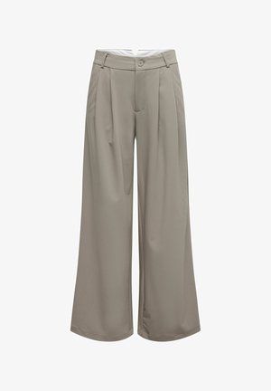 Pantalon beige taille haute à jambes larges, avec plis sur le devant, passants pour ceinture, fermeture par bouton, et une finition soignée et ajustée.