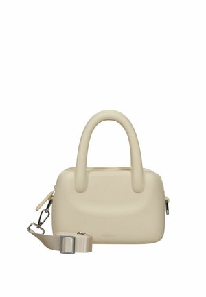 Piccola borsa beige con manici arrotondati e tracolla regolabile e staccabile, mostrata su sfondo bianco.
