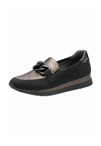 Chaussure à enfiler noire et gris métallique avec un bout arrondi, un dessus lisse et une décoration en chaîne noire à l'avant. Semelle texturée.