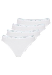 Weißes Baumwollunterwäsche-Set mit blauen Akzenten an den Taillenbünden. Jedes Paar verfügt über eine glatte Textur und ein schlichtes Design mit kleinen Sternen.