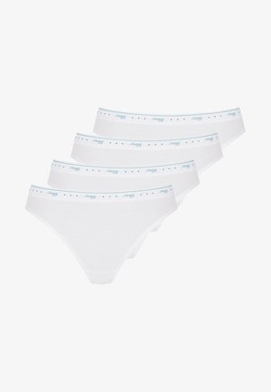 Weißes Baumwollunterwäsche-Set mit blauen Akzenten an den Taillenbünden. Jedes Paar verfügt über eine glatte Textur und ein schlichtes Design mit kleinen Sternen.