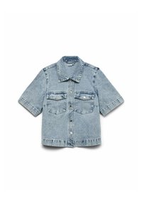 Lys blå denimjakke med korte ermer, krage, to frontlommer og knappelukking. Har en lett falmet tekstur.