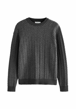 Mørkegrå sweater med et fiskebensmønster, rund halsudskæring, lange ærmer og ribbede manchetter og kant. Fremstillet af et struktureret strikmateriale.