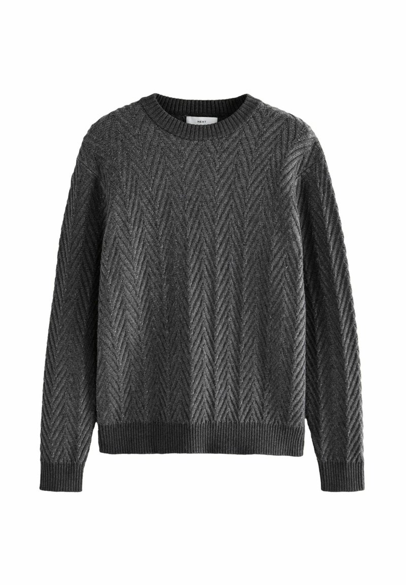 Dunkelgrauer Pullover mit Fischgrätenmuster, Rundhalsausschnitt, langen Ärmeln sowie gerippten Bündchen und Saum. Aus einem strukturierten Strickmaterial gefertigt.