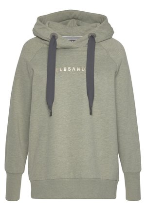 Jasnoszara bluza z kapturem z szerokimi ciemnoszarymi sznurkami oraz częściowym logo "ELBSAND" w jasnym, odblaskowym nadruku na piersi.