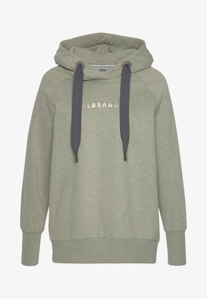 Jasnoszara bluza z kapturem z szerokimi ciemnoszarymi sznurkami oraz częściowym logo "ELBSAND" w jasnym, odblaskowym nadruku na piersi.